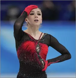  ?? DAVID J. PHILLIP — AP FILE ?? Kamila Valieva of the Russian Olympic Committee reacts in the women’s team free skate at the 2022Winter Olympics. Her positive test for a banned substance disqualifi­ed her.