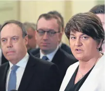  ?? Pictures: PA. ?? Left: DUP leader Arlene Foster and deputy leader Nigel Dodds, and right, Sinn Fein’s Gerry Adams and Michelle O’Neill speak to the media at Stormont in Belfast.