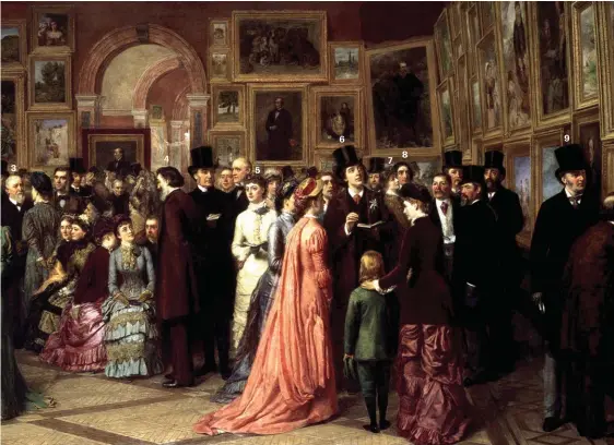  ??  ?? Stars of the show: William Powell Frith’s A Private View at the Royal Academy (1881) – 1 Anthony Trollope, 2 William Gladstone, 3 Robert Browning, 4 Frederic Leighton, 5 Lillie Langtry, 6 Oscar Wilde, 7 Ellen Terry, 8 Henry Irving, 9 John Everett Millais