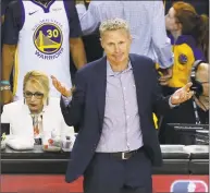  ?? Lachlan Cunningham / Getty Images ?? Warriors coach Steve Kerr reacts during Game 6 of the NBA Finals against the Raptors on Thursday.