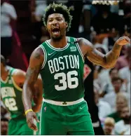  ?? AP PHOTO BY LYNNE SLADKY ?? Boston Celtics guard Marcus Smart (36) gestures during the first half of Game 2 of the NBA basketball Eastern Conference finals playoff series against the Miami Heat, Thursday, May 19, 2022, in Miami.