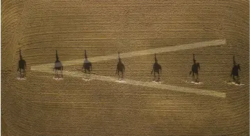  ??  ?? This composite photo, shot high above my arena with a drone, shows how your horse should build speed as he goes down the arena. It’s similar to a crescendo of music building volume slowly and consistent­ly.