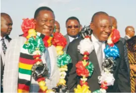  ??  ?? President Emmerson Mnangagwa welcomes his South African counterpar­t and Sadc chairperso­n Cyril Ramaphosa at Robert Mugabe Internatio­nal Airport in Harare yesterday. (Picture by Tawanda Mudimu)