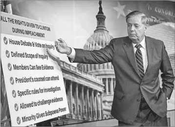  ?? J. SCOTT APPLEWHITE/AP ?? Sen. Lindsey Graham, R-S.C., emphasizes his objections to the House inquiry during a news conference Thursday.