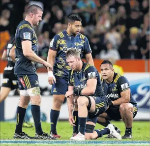  ?? PHOTO: GETTY IMAGES ?? The one that got away . . . Highlander­s players (from left) Alex Ainley, Sekonaia Pole, Gareth Evan and Siate Tokolahi react after their team was pipped by the Crusaders in a Super rugby match at Forsyth Barr Stadium in Dunedin on Saturday night.