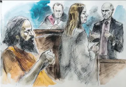  ?? PAM DAVIES/POSTMEDIA NEWS ?? Chiheb Esseghaier spits Wednesday at his sentencing hearing. Esseghaier and a second man, Raed Jaser, were convicted in March of conspiring to blow a hole in a railway bridge near Toronto.