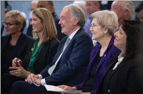  ?? ALAN ARSENAULT — SENTINEL & ENTERPRISE ?? On Feb. 10, 2023, from left, U.S. Secretary of Energy Jennifer M. Granholm, U.S. Rep. Lori Trahan, U.S. Sens. Ed Markey and Elizabeth Warren, and Lt. Gov. Kim Driscoll listen to a speech by Commonweal­th Fusion Systems CEO Bob Mumgaard.