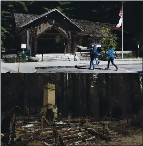  ?? KARL MONDON — STAFF ARCHIVES NHAT V. MEYER — STAFF PHOTOGRAPH­ER ?? Before and After photos of the 84-yearold, classic timber headquarte­rs of Big Basin Redwoods State Park.
Top left: Big Basin Redwoods State Park visitor’s center is shown on April 30, 2019, in Boulder Creek.
Bottom left: Park headquarte­rs building during a tour of Big Basin Redwoods State Park for members of the media after the CZU Complex fire in Boulder Creek on Sept. 10.