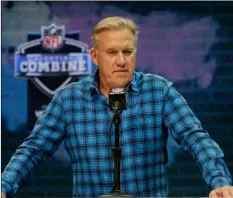  ?? AP Photo/Michael Conroy ?? In this Feb. 25,2020, file photo, Denver Broncos general manager John Elway speaks during a news conference at the NFL football scouting combine in Indianapol­is.