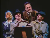  ?? ?? Kristen Hahn (Pamela), from left, Michael Di Liberto (Clown No. 1), James Taylor Odom (Richard Hannay) and Steve Pacek (Clown No. 2) in “The 39 Steps” at The Wells Theatre.