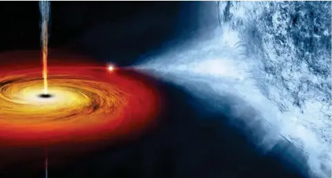  ?? NASA/CXC/M.WEISS ?? This vibrant artist’s portrayal shows the interactio­n between the two objects in the Cygnus X-1 X-ray binary system. The black hole (at left) weighs in at 21 solar masses, while its blue supergiant companion star (right) has a mass between 20 and 40 solar masses.