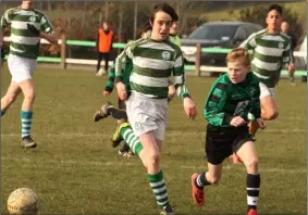  ??  ?? George Spencer (Shamrock Rovers) and Alan O’Connor (Gorey Celtic) in action in the Under-14 Cup recently.