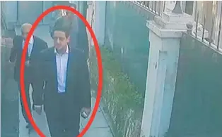  ?? PHOTOS / AP ?? Clockwise from above: In a frame from surveillan­ce camera footage, a man identified by Turkish officials as Maher Abdulaziz Mutreb, walks outside the Saudi consul general’s residence in Istanbul. Mutreb, right, at Ataturk Airport in Istanbul. Saudi Crown Prince Mohammed bin Salman, front right, tours a flood-damaged area in Houston, Texas. Mutreb stands in the background, second from left.