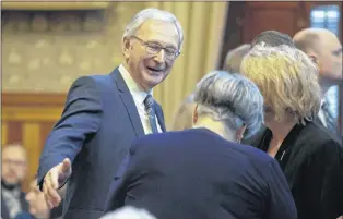  ?? CP PHOTO ?? New Brunswick Premier Blaine Higgs chats with members of the public prior to the Throne Speech at the New Brunswick Legislatur­e in Fredericto­n, N.B., on Nov. 20. New Brunswick’s new premier is trying to revive the Energy East pipeline, even though the original proponent says the project is dead.