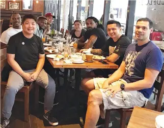  ??  ?? KEY MEMBERS of Alab Pilipinas led by head coach Jimmy Alapag (2nd right), assistant coach Danny Seigle (rightmost) and team manager Charlie Dy (leftmost) welcome the return of imports Justin Brownlee (2nd left) and Renaldo Balkman (3rd right)...