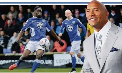  ??  ?? ●● Dwayne “The Rock” Johnson (inset) is backing Macclesfie­ld Town ahead of their vital last two games of the season