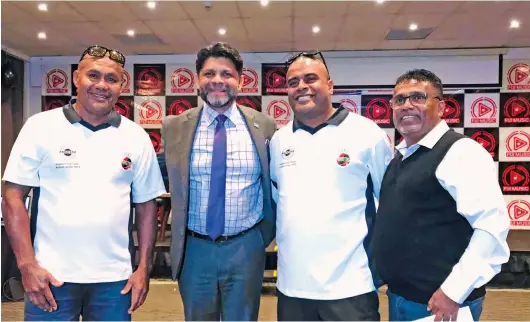  ?? Photo: Laisa Lui ?? From left: Local artist Sitiveni Yabakidrau, Attorney-General and Minister for Economy Aiyaz Sayed-Khaiyum,local artist Sitiveni Yabakidrau, director of Procera Music Fiji Mohammed Akif, during the launch of the Fijian Music App at Holiday Inn on May11,2022.