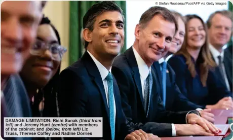  ?? © Stefan Rousseau/Pool/AFP via Getty Images ?? DAMAGE IMITATION: Rishi Sunak third from left and er y Hunt (centre) with embers of he cabin ; an (below from left) iz Trus here Coffey and Nadine Dorries