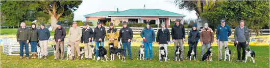  ??  ?? Tux Yarding Finalists. From left: Judge Bo Milner, Scribe Donna Milner (Dannevirke), Lindsay Schmidt (Dannevirke) and Jed, Rod Mead (Gisborne) and Gum, Graeme Northcott (Urenui) and Jay, Merv Utting (Gisborne) and Fern, Howard Ingles (Hawke’s Bay) and Lou, Jim Wilson (Hawke’s Bay) with Jed and Cap, Bob Bruce (Hawke’s Bay) and Jaco, Lance Philburn (Tauranga) and Meg, Guy Peacock (Dannevirke) and Slim, Ian Burling (Whanganui) and Mate, Kathryn Oliver (Raetihi) and Shy, Graeme Wellington (Whanganui) and Rachel, Gary Walker (Kimbolton) and Lace, Bernard Arends (Dannevirke) and Jazz.