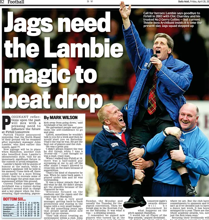  ??  ?? Call for heroes: Lambie says goodbye to Firhill in 2003 with Chic Charnley and his trusted No 2 Gerry Collins — but current Thistle boss Archibald insists it is time the present-day Jags squad stepped up