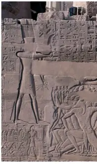  ??  ?? RIGHT King Seti I raises his mace with one hand and holds enemies with his other, ready to smite them. The god Amun-re offers the king a weapon, symbolisin­g divine endorsemen­t