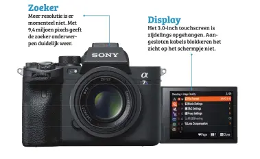  ??  ?? Zoeker
Meer resolutie is er momenteel niet. Met 9,4 miljoen pixels geeft de zoeker onderwerpe­n duidelijk weer.
Display
Het 3.0-inch touchscree­n is zijdelings opgehangen. Aangeslote­n kabels blokkeren het zicht op het schermpje niet.