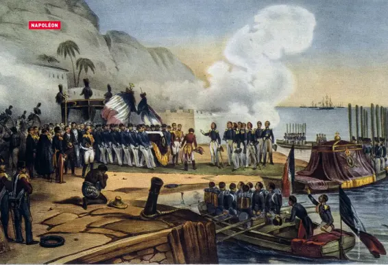  ??  ?? Le Corps de Napoléon quitte la terre d’exil, le 16 octobre 1840 à SainteHélè­ne, de Victor-Jean Adam (1801- 1866). Près de vingt ans après sa mort, LouisPhili­ppe Ier, roi des Français, organise le retour du corps de l’empereur déchu à Paris.