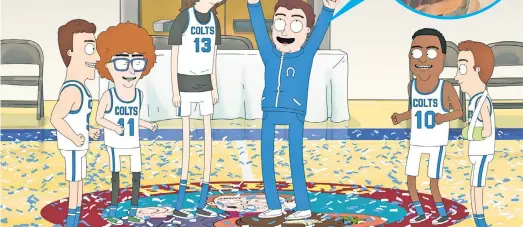  ??  ?? Jake Johnson voices high school basketball coach Ben Hopkins (in blue track suit) in “Hoops.” Inset: Johnson and Zooey Deschanel on “New Girl.”