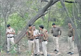  ?? HT PHOTO ?? Police officers look for Walkar’s body parts in a forested area in Chhattarpu­r on Tuesday.