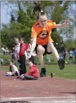  ??  ?? Niamh Robinson from Bray Runners in the U-12 long jump.