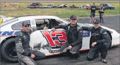  ?? SUBMITTED PHOTO ?? Brudenell’s Jonathan Hicken, centre, took home the win in the Atlantic Championsh­ips Pro Stock 250 on Sunday in Shediac, N.B. Dylan Gosbee, right, of Cornwall finished second while Robbie MacEwen, left, of Charlottet­own placed third.