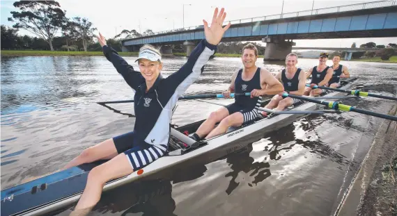  ??  ?? Barwon Rowing Club's Simon Naylor (stroke seat), Stewart Cowey (3 seat), Geoff Boucher (2 seat), Michael DuVallon (bow seat) and Belinda DuVallon (cox) won the coxed and coxless events at the World Rowing Masters Championsh­ips in Slovenia in the 50-55 category. Picture: GLENN FERGUSON