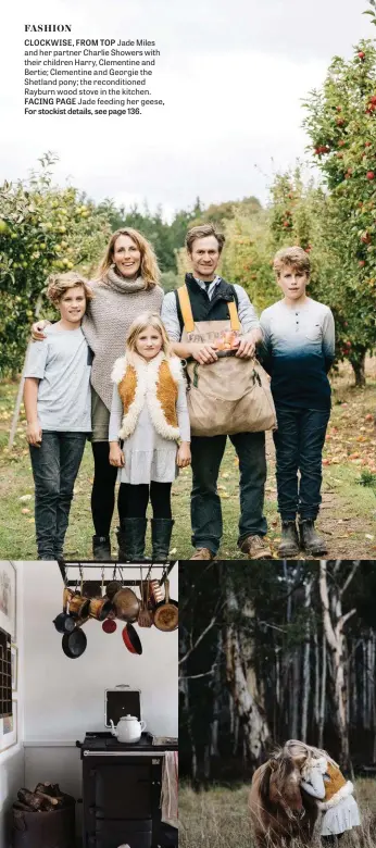  ??  ?? CLOCKWISE, FROM TOP Jade Miles and her partner Charlie Showers with their children Harry, Clementine and Bertie; Clementine and Georgie the Shetland pony; the reconditio­ned Rayburn wood stove in the kitchen. FACING PAGE Jade feeding her geese, For stockist details, see page 136.