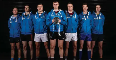  ??  ?? Sigerson Cup teams representa­tives, from left, Conor McCarthy of UCD, James Guinness of Trinity College Dublin, Damien Comer of NUIG, Oisin O’Neill of St. Mary’s University Belfast, Fintan O Cuanaigh of University of Limerick, Shane Dempsey of DIT, and...