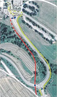  ?? FOTO: REGIERUNGS­PRÄSIDIUM FREIBURG ?? Der gelb eingezeich­nete Radweg entlang der L277 wurde im Gemeindera­t beschlosse­n. Der Rote sei zu gefährlich.