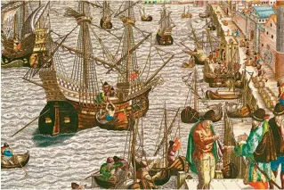  ??  ?? ‘ Departure from Lisbon for Brazil, the East Indies and America’, by Theodore de Bry, 16th century