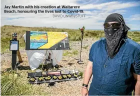  ?? DAVID UNWIN/STUFF ?? Jay Martin with his creation at Waitarere Beach, honouring the lives lost to Covid-19.