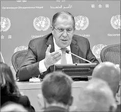  ??  ?? Lavrov speaks to reporters at the United Nations in New York. — AFP photo