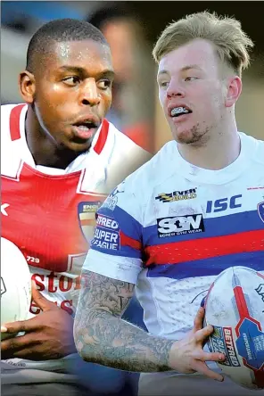  ??  ?? England World Cup star Jermaine McGillvary, left, knows he has a battle to keep his England shirt from Wakefield’s Tom Johnstone, right.