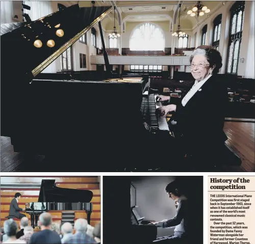  ?? PICTURES: JAMES HARDISTY ?? KEYS TO SUCCESS: Top, Dame Fanny Waterman; above, from left, Chen Guang, first competitor of the day in the Leeds Internatio­nal Piano Competitio­n 2015, at the Great Hall, Leeds University; competitor Giuseppe Guarerra, warming up before his performanc­e.