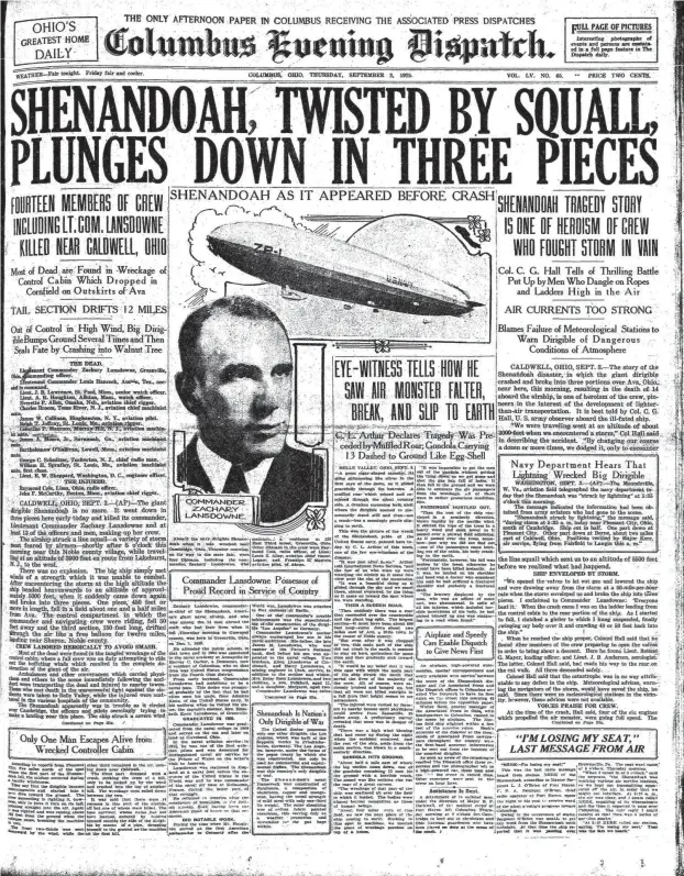  ?? DISPATCH FILE PHOTO ?? Columbus Evening Dispatch front page from Sept. 3, 1925. The dirigible Shenandoah crashes near Caldwell in southeaste­rn Ohio, about 100 miles southeast of Columbus.
Editor’s note: Each Sunday, The Dispatch features a front page from this week in history to celebrate the newspaper’s 150 years of publicatio­n, with a little update on what’s happened since.