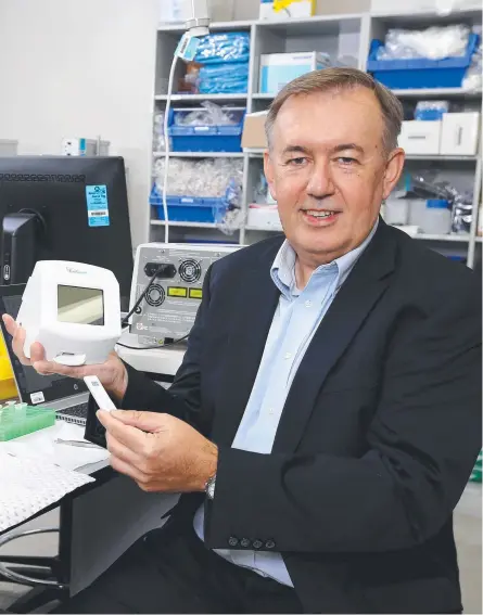  ??  ?? AnteoTech CEO Derek Thomson with the COVID-19 testing machine, Picture: David Clark