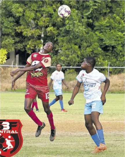  ?? (Photo: Paul Reid) ?? Kayvon Donaldson of St James High (left) heads the ball away from Maldon High’s Christophe­r Reid during the dacosta Cup Zone A match at Jarrett Park on Tuesday. The match ended 1-1.