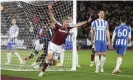  ?? Rob Newell/CameraSpor­t/Getty Images ?? Tomas Soucek wheels away after scoring West Ham’s goal in the fifth minute. Photograph: