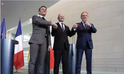  ?? Elmenthale­r/Future Image/REX/Shuttersto­ck ?? Emmanuel Macron, Olaf Scholz and Donald Tusk following a meeting at the chanceller­y in Berlin, 15 March 2024. Photograph: Bernd