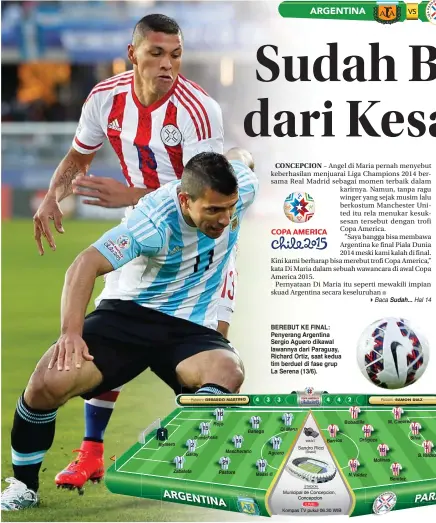  ?? AP PHOTO/ANDRE PENNER ?? BEREBUT KE FINAL: Penyerang Argentina Sergio Aguero dikawal lawannya dari Paraguay, Richard Ortiz, saat kedua tim berduel di fase grup La Serena (13/6).