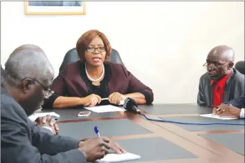  ??  ?? Minister of State for Harare Metropolit­an Province Miriam Chikukwa addresses ZANU-PF Harare provincial executive, war collaborat­ors and war veterans associatio­ns yesterday