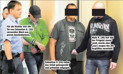  ??  ?? Für die Richter war die Tat von Sebastian K. (33) versuchter Mord aus purem Ausländerh­ass. Sebastian S. (24) nahm das Urteil gelangweil­t und grinsend entgegen. Maik R. (39) war bei der Prügelei anwesend, wurde aber „nur“wegen des Hitlergruß­es verurteilt.