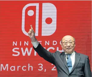  ?? EPA-EFE ?? Current Nintendo Co president Tatsumi Kimishima, who will be replaced by Shuntaro Furukawa, gestures during the Nintendo Switch presentati­on in Tokyo on January 13, 2017.