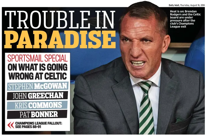  ??  ?? Heat is on: Brendan Rodgers and the Celtic board are under pressure after the club’s Champions League exit